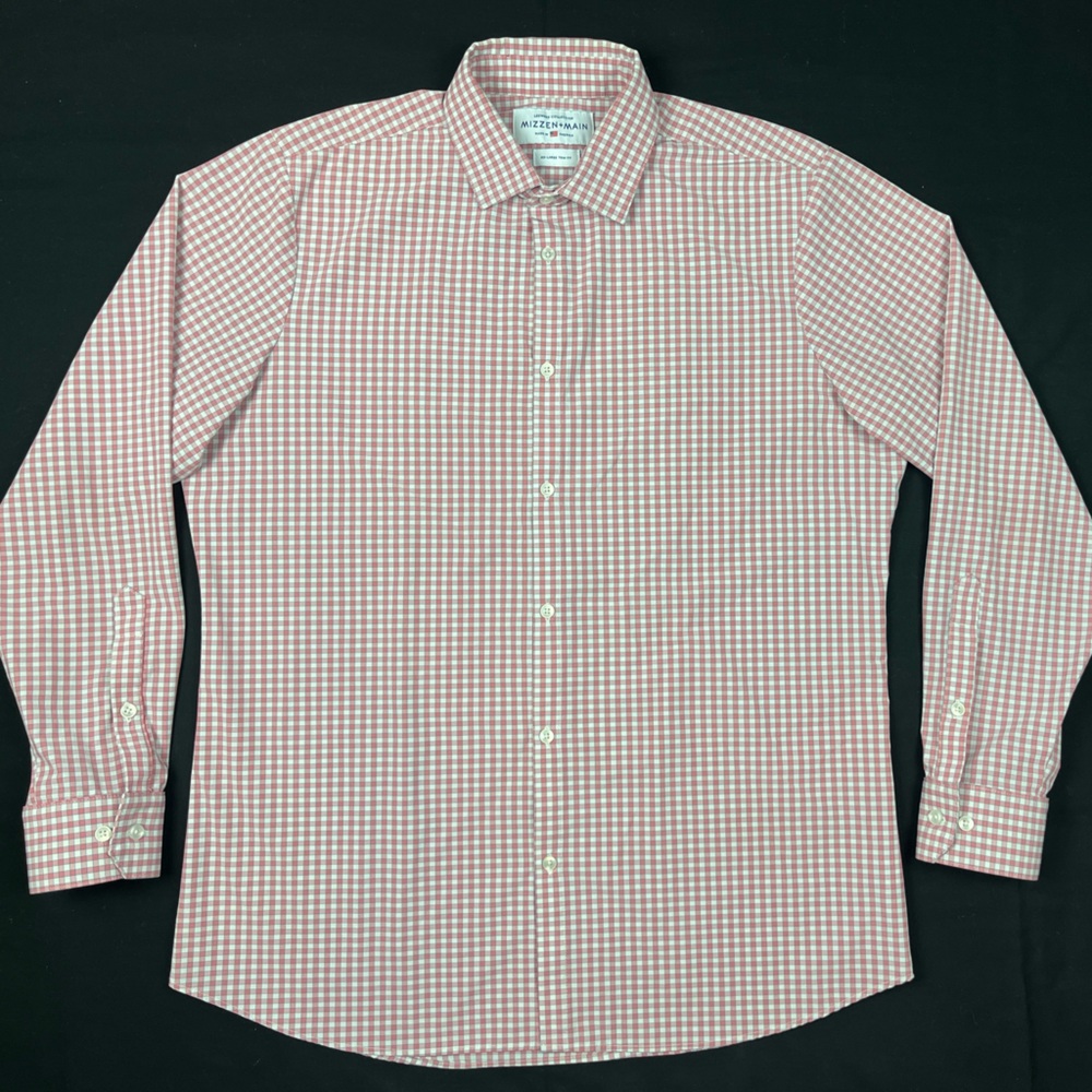Mizzen + Main Mens Button Down Shirt 2XL Trim Fit Plaid Long Sleeve Light Red B5